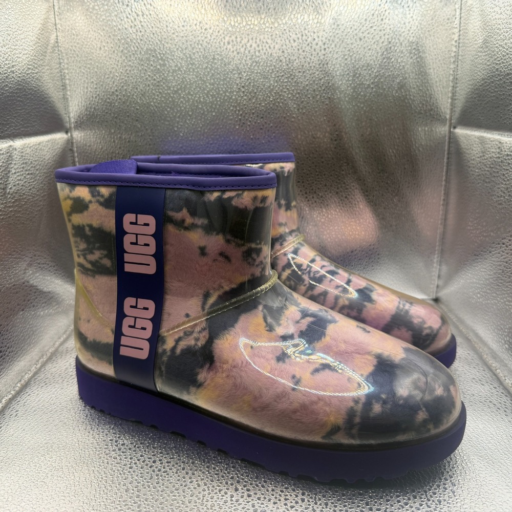 Size 9 UGG Classic Clear Mini‎ Violet Night Marble Womens Pull On Rain Boots